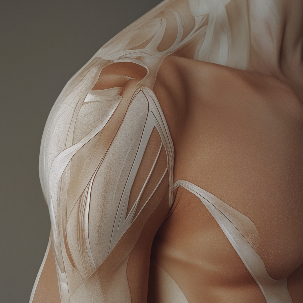 Épaule humaine en position d'élévation latérale photographiée de dos, contours musculaires du deltoïde et du trapèze visibles sous éclairage sculptural dramatique en studio, fond neutre gris foncé