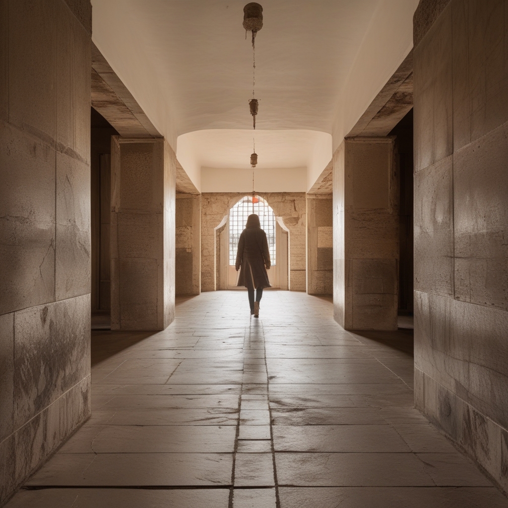 Intérieur d'un appartement lumineux avec de grandes fenêtres ouvertes sur la ville, une personne faisant des étirements matinaux devant la fenêtre, lumière dorée du matin, atmosphère de routine quotidienne sereine