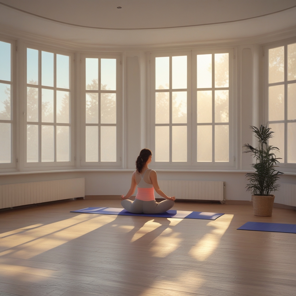 Salle de pratique lumineuse avec de grandes fenêtres laissant entrer la lumière naturelle du matin, sol en bois clair, tapis de yoga disposés en rangées, ambiance paisible de début de séance